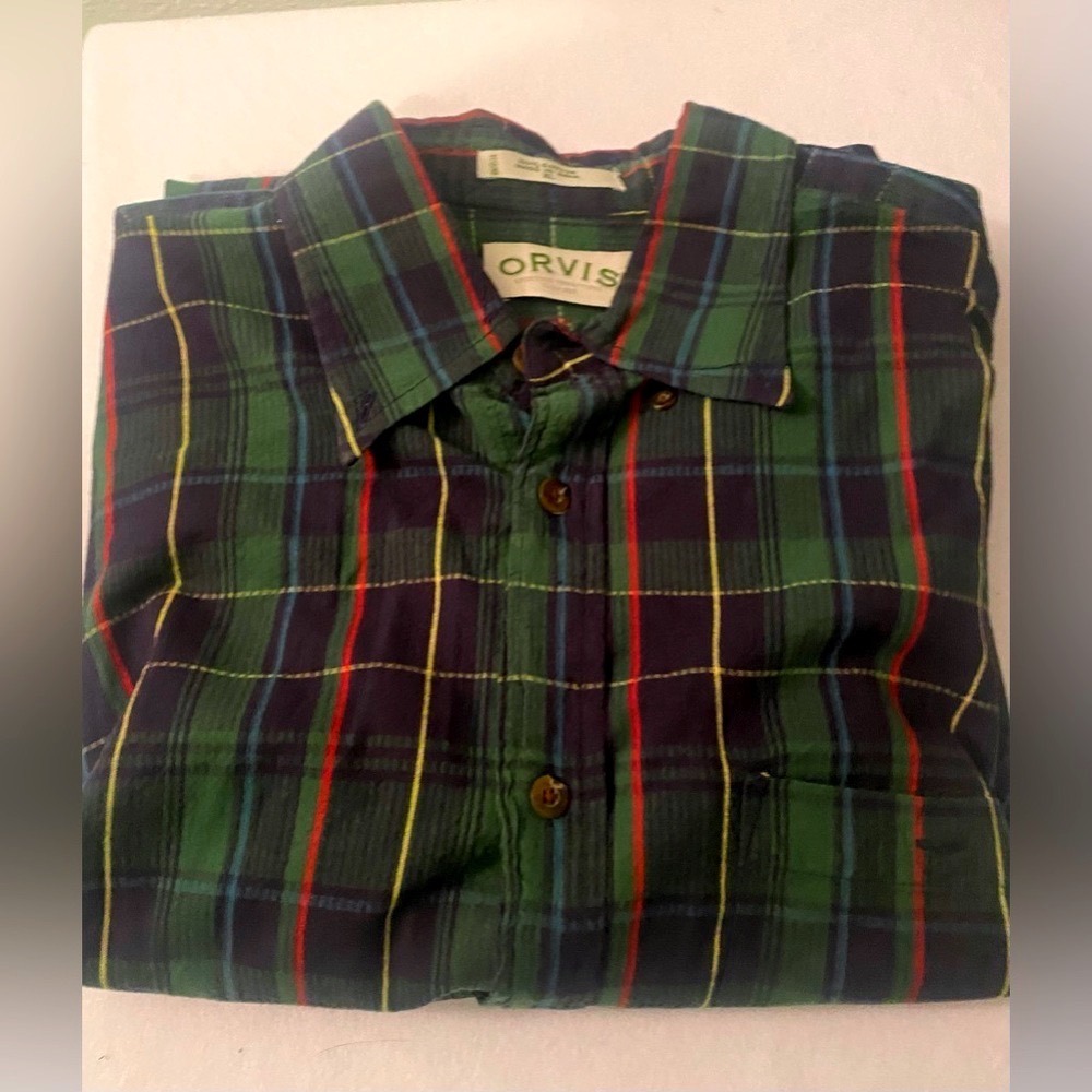Orvis Plaid Button Down Shirt Mens XL Green Multi Short Sleeve Plaid  Cotton